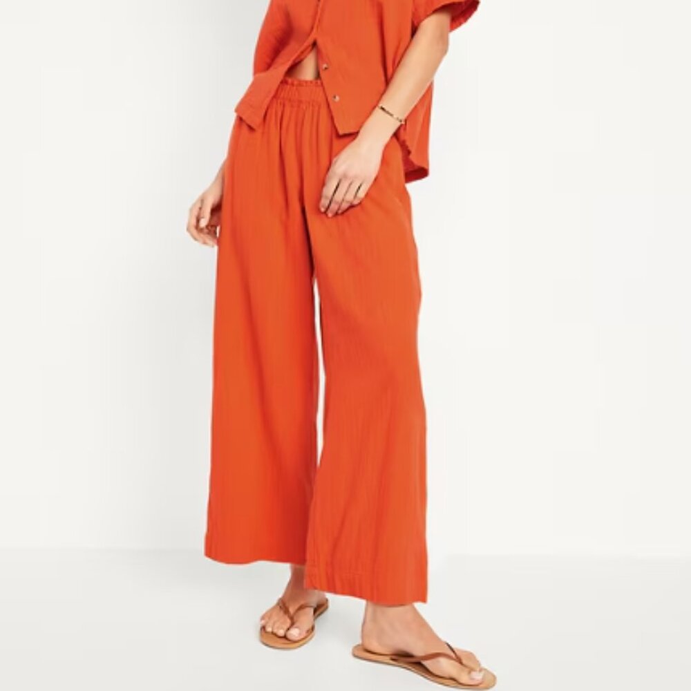 High-Waisted Crinkle Gauze Pull-On Ankle Pants - Warm Sunset